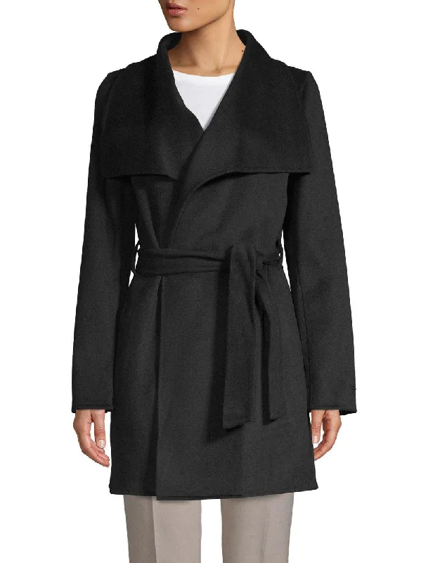 T Tahari Women's Black Lightweight Wool Ella Wrap Coat Jacket Outerwear