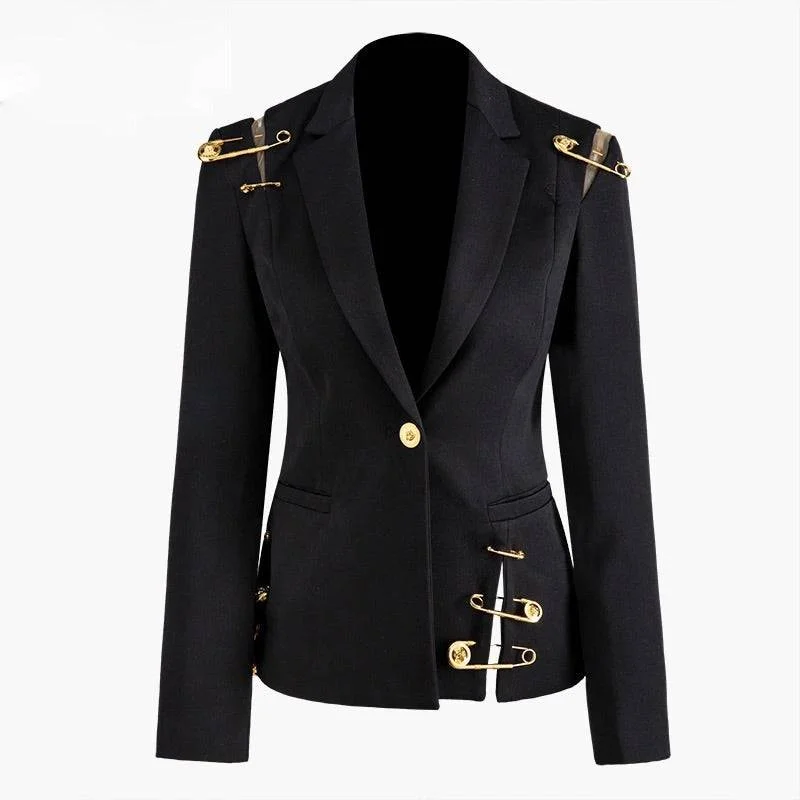 Black Blazer With Golden Safety Pin Trims