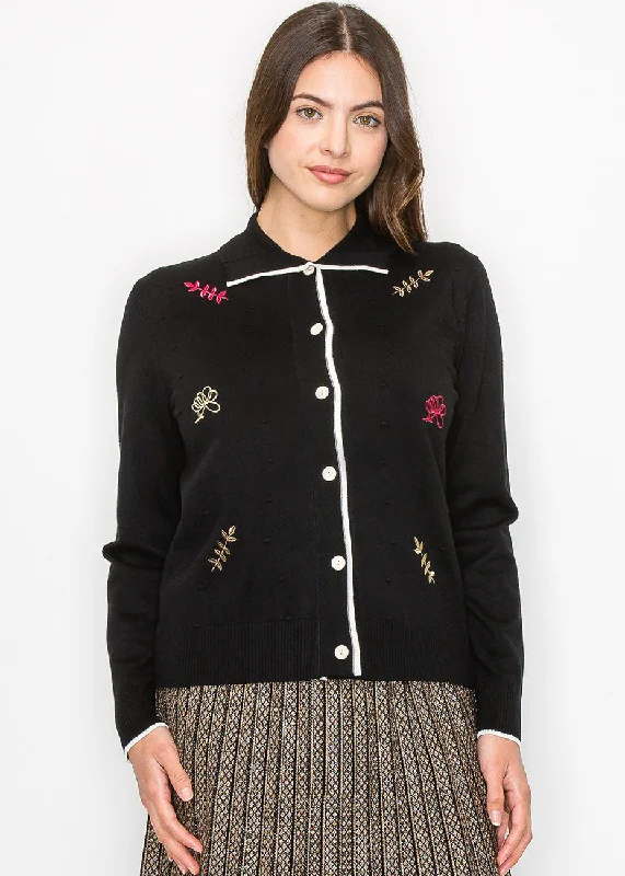 Black Buttoned Cardigan with Floral Accents