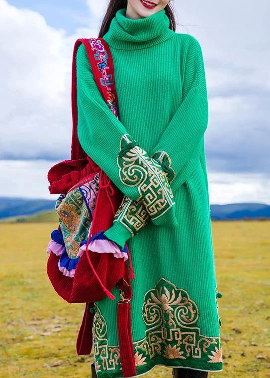 Fashion embroidery Sweater high neck weather Beautiful green oversized knit dresses