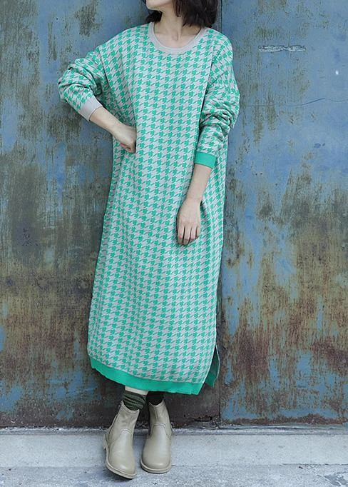 Oversized side open Sweater o neck Wardrobes Largo green plaid baggy knit dresses