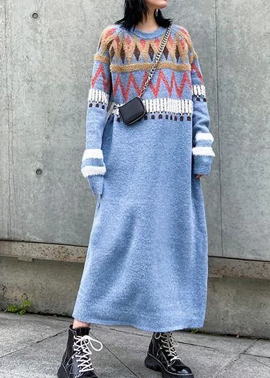 Simple Geometric Sweater winter dresses Classy blue o neck Fuzzy knit dresses