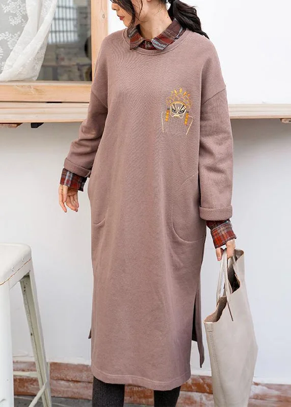 Unique khaki cotton clothes o neck side open Dresses