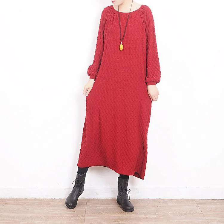 vintage red sweater dresses oversized O neck long knit sweaters Fine Plaid long knit sweaters