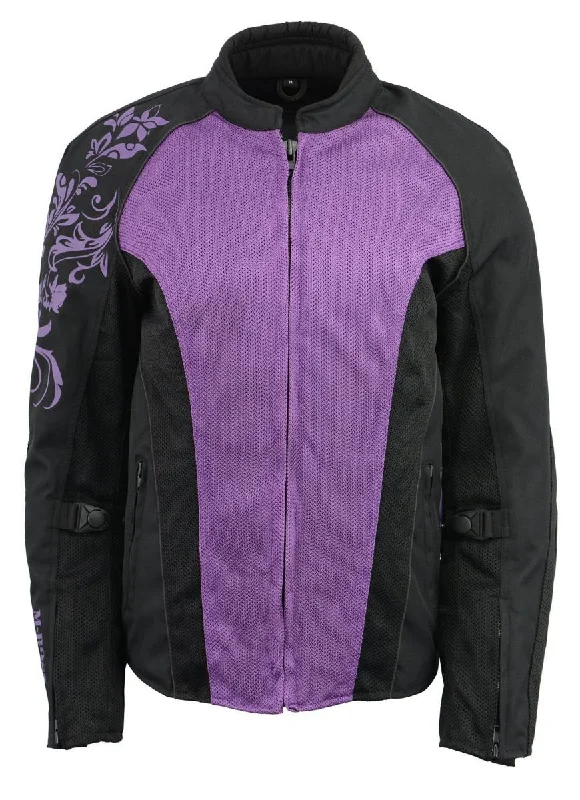 M Boss Motorcycle Apparel BOS22700 Ladies Black and Purple Mesh Jacket with Flower Printing