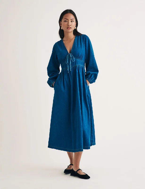 Denim Balloon Sleeve Astra Midi Dress