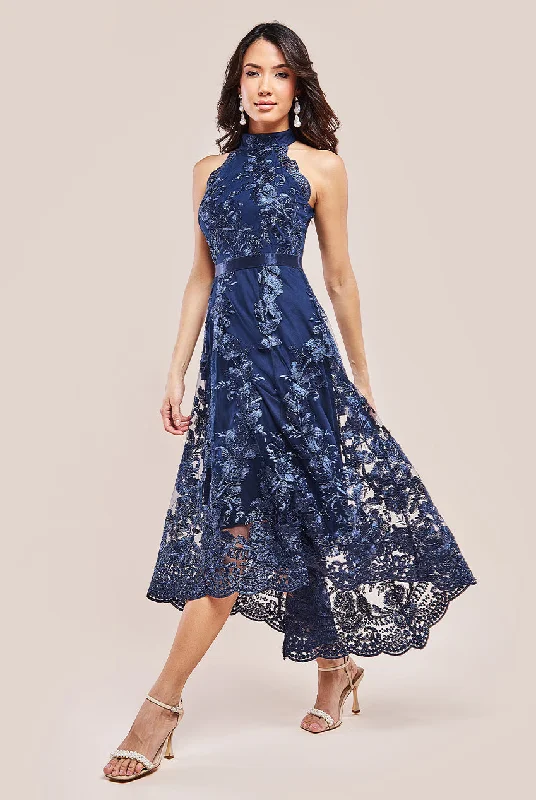 Goddiva Halter Neck Lace High And Low Dress - Navy