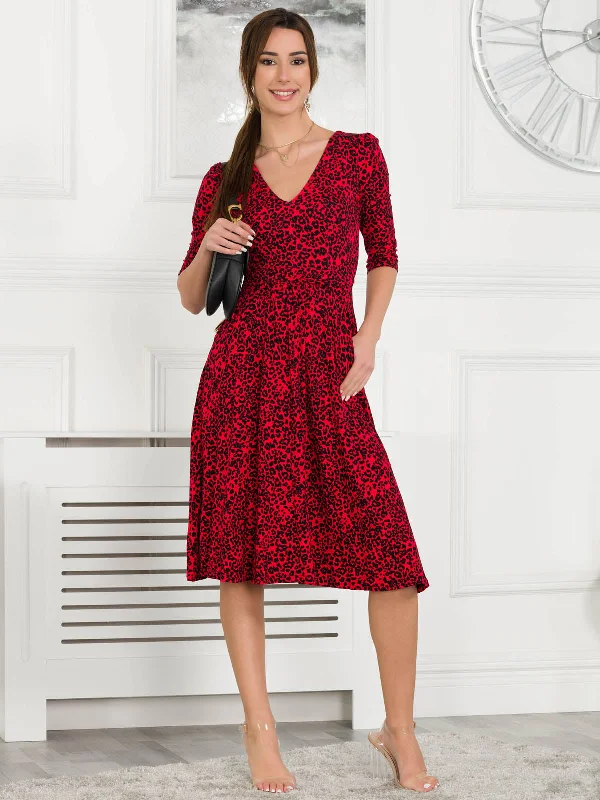 Jolie Moi Delylah V Neck Midi Dress, Red Animal