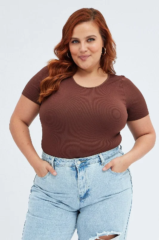 Brown Bodysuit Short Sleeve Crew Neck Seamless